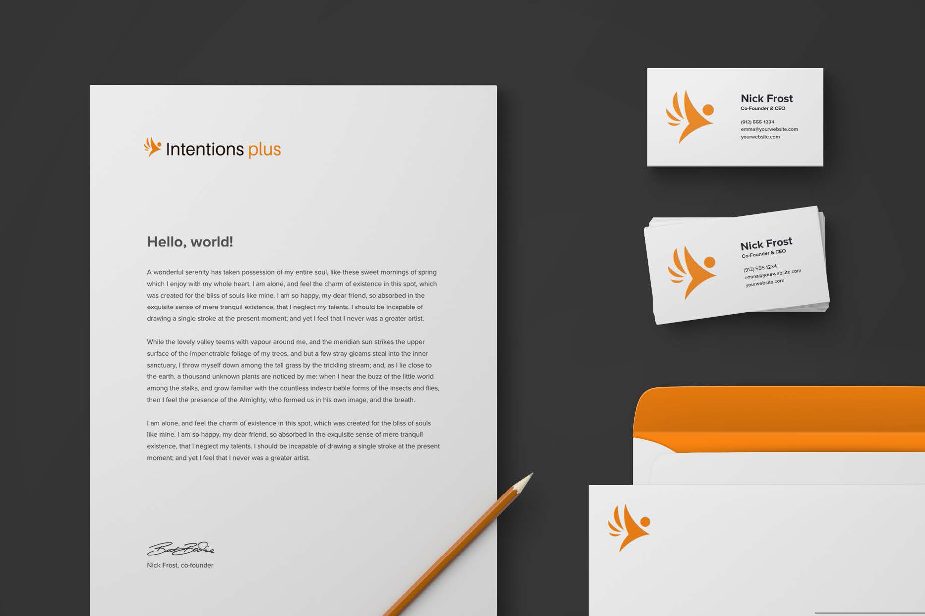 Logo mockup for Intentions Plus featuring various stationary