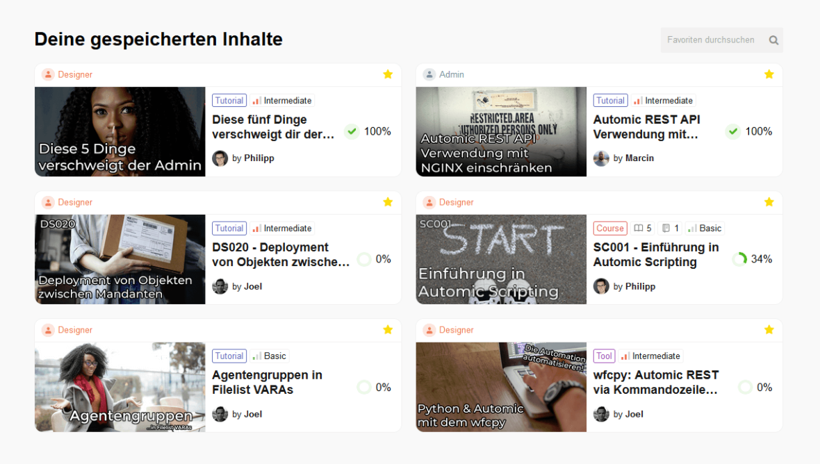 A screenshot of the favorites area of the dashboard layout on the Philipp Elmer membership site