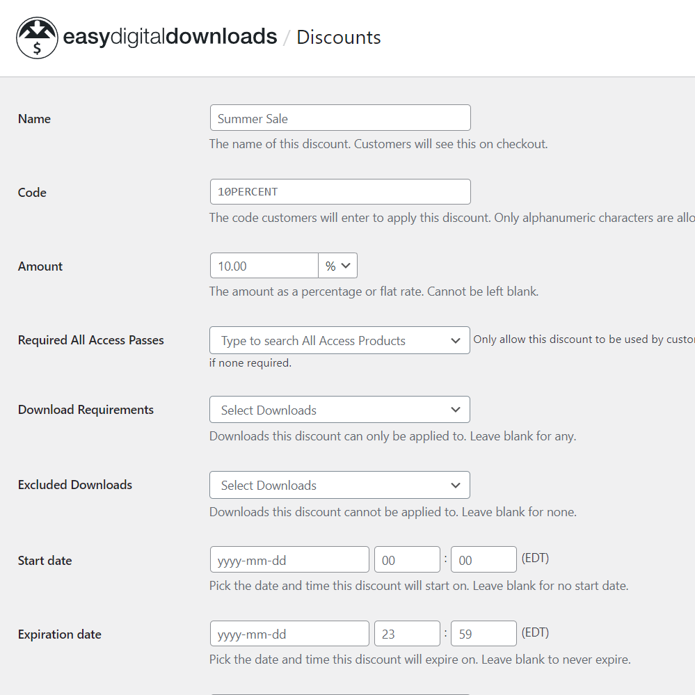 This image is showing the form to create a discount for customers to use on checkout.