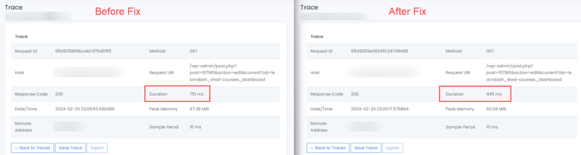 Screenshot of Tangible's LMS performance profiling tool showing a drop from 751ms to 445ms in response time after applying a patch to LearnDash.