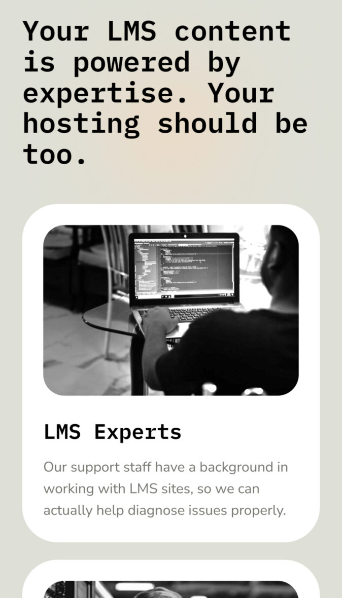 A section of the hosting platform's homepage on mobile, showcasing key features with concise descriptions and engaging icons.