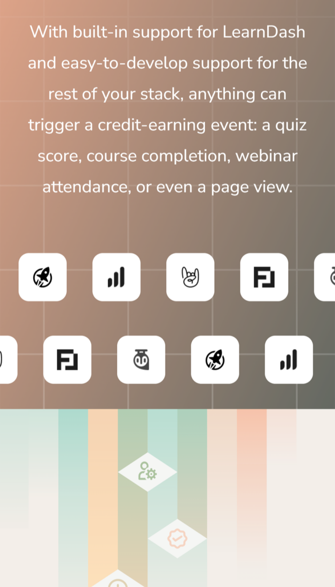 Mobile screenshot of Tangible Cred’s features page, emphasizing automation and custom reporting capabilities.