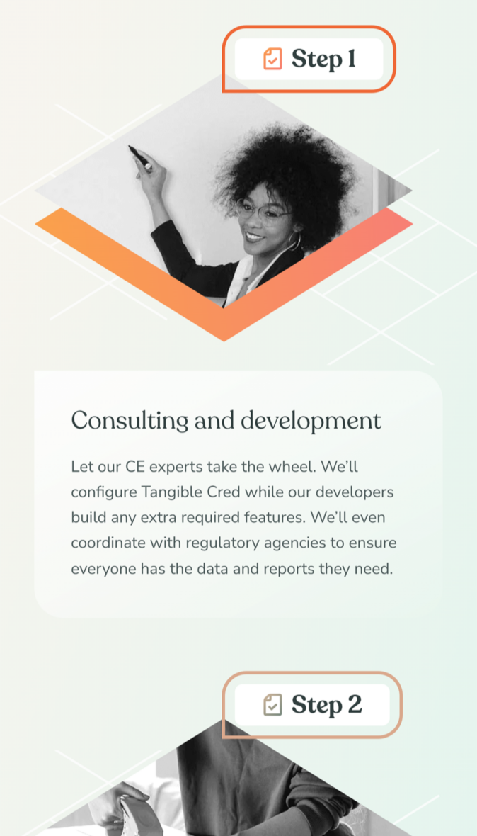 Mobile-optimized view of the Tangible Cred homepage, showing a responsive layout for on-the-go access.