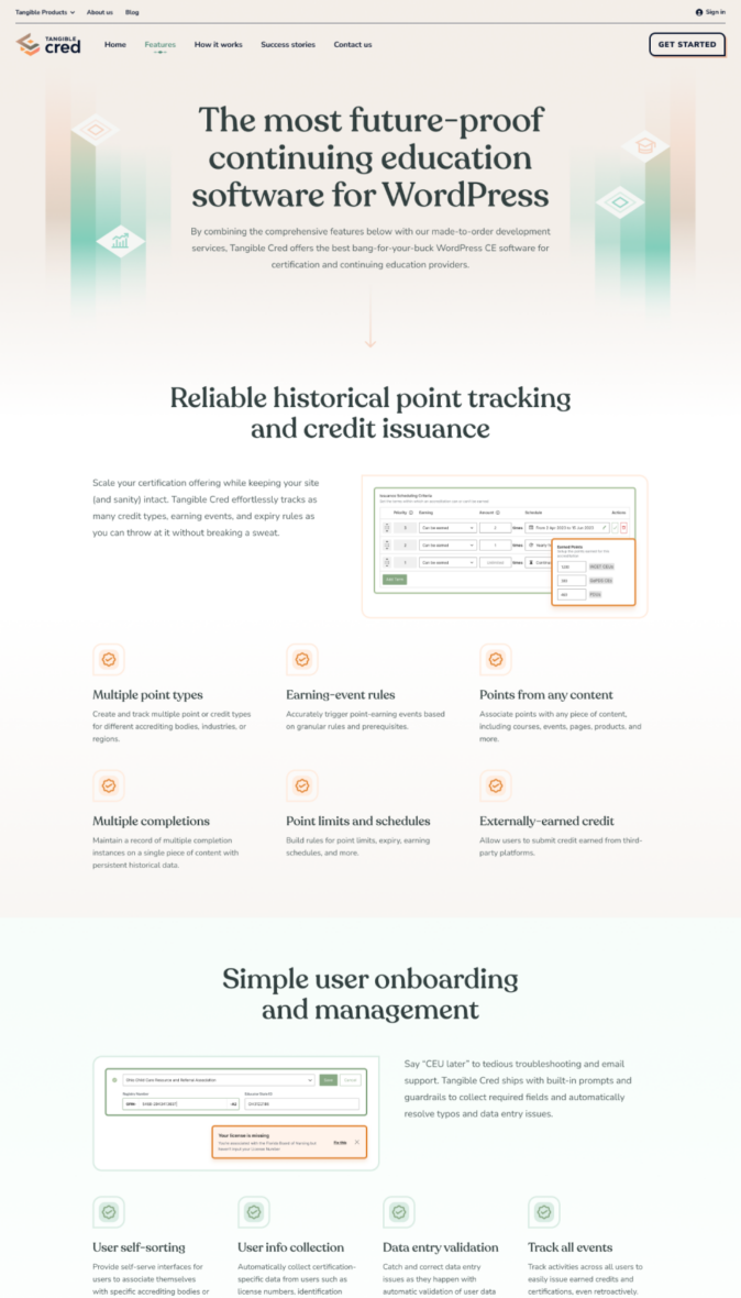 Landing page design for Tangible Cred, emphasizing the plugin’s automation features and customizable reporting options.