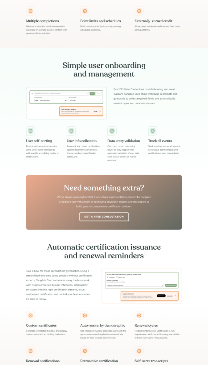 Alternate Tangible Cred landing page with a focus on supported credit types and earning events.