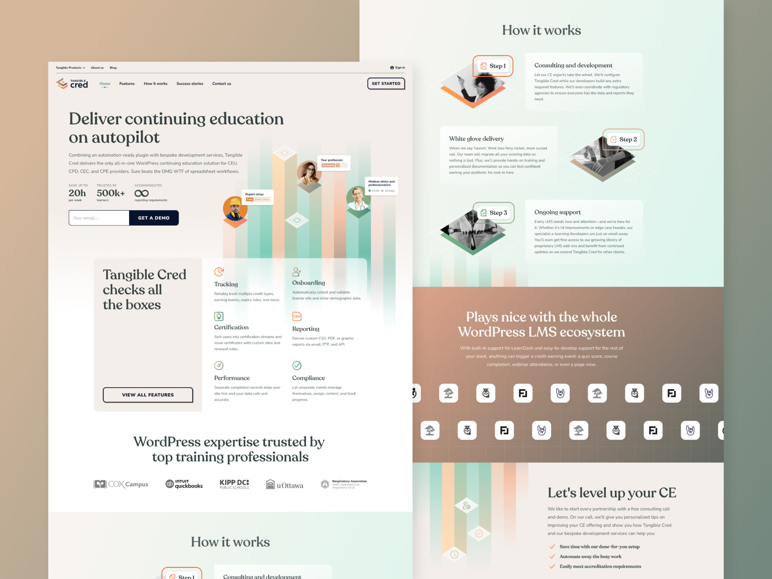 Screenshot of the Tangible Cred homepage showcasing a clean layout with bold headlines and clear calls to action for CE providers.