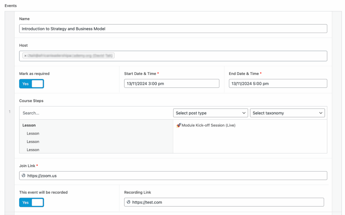 Events settings page.